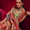 Woman wearing Pure Kashmiri Satin Handloom Banarasi Saree in pastel green with rich water zari weaving, temple border and floral Kashmiri design.